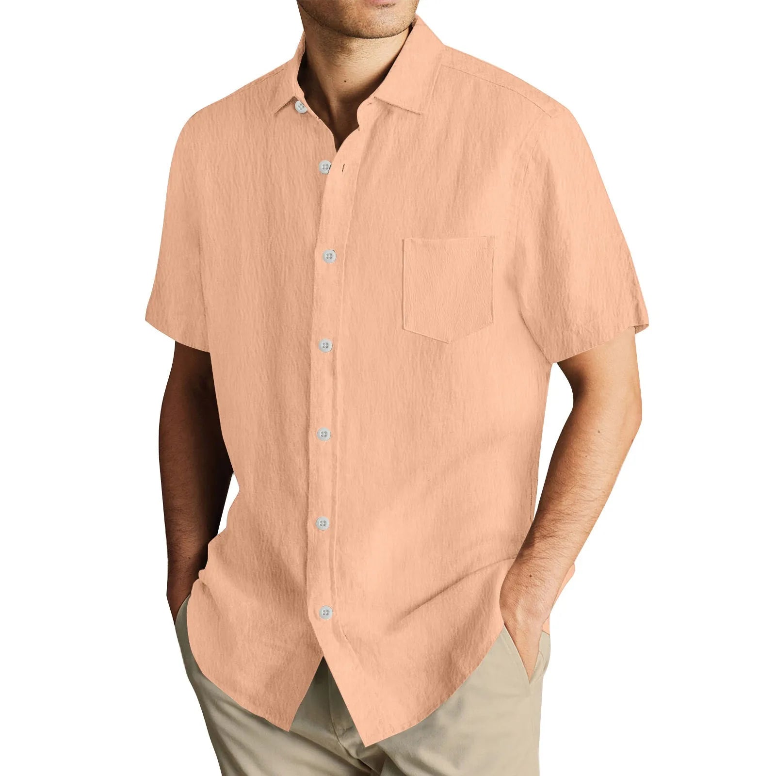 Men'S Short Sleeve Shirt Summer Button Cardigan Solid Color European And American Comfortable Breathable Beach Button Shirt