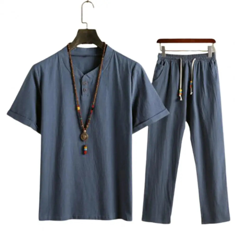 Summer Fashion Men Shirts Trousers Set Cotton And Linen Shirts Short Sleeve Men's Casual Top Pants Men Outfit M-4XL