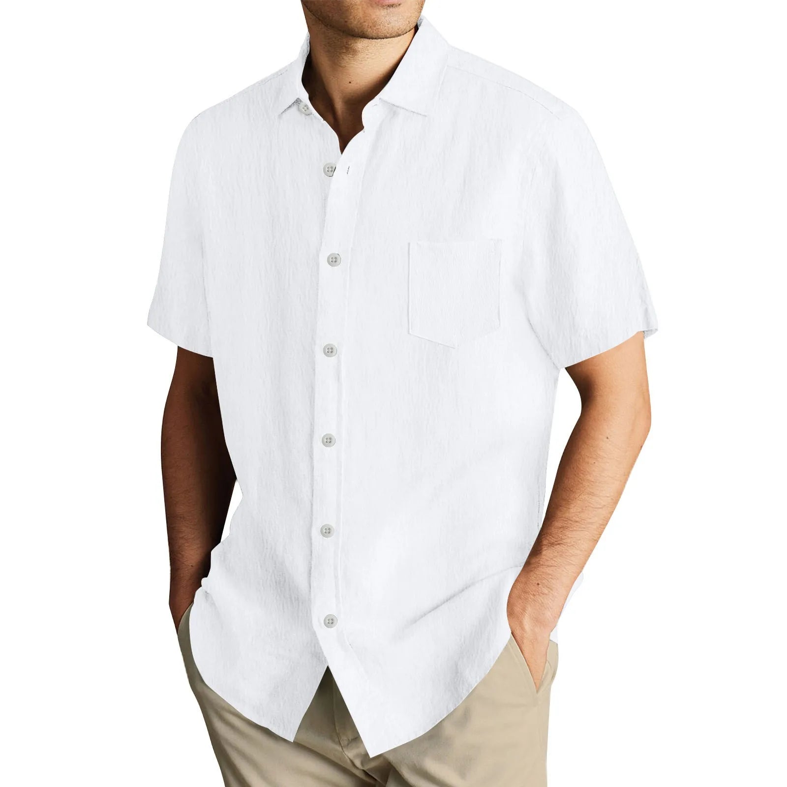 Men'S Short Sleeve Shirt Summer Button Cardigan Solid Color European And American Comfortable Breathable Beach Button Shirt