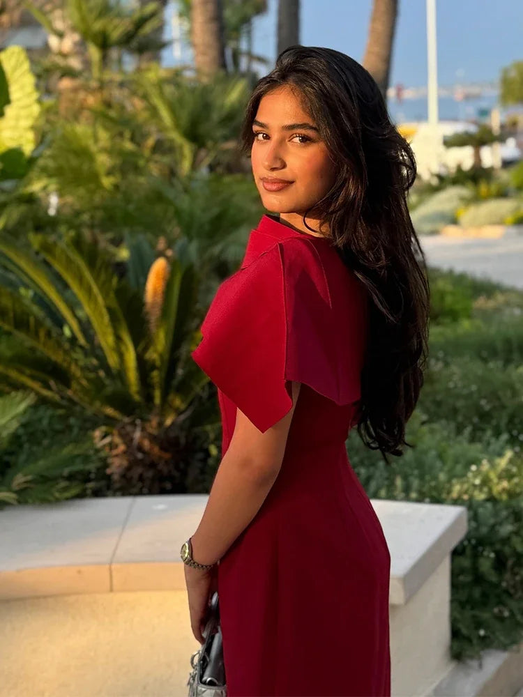 Red Shawl Collar A-line Mini Dress Women Elegant Short Sleeve High Waist Pleated Fashion Vestidos Lady Party Evening Gown 2025