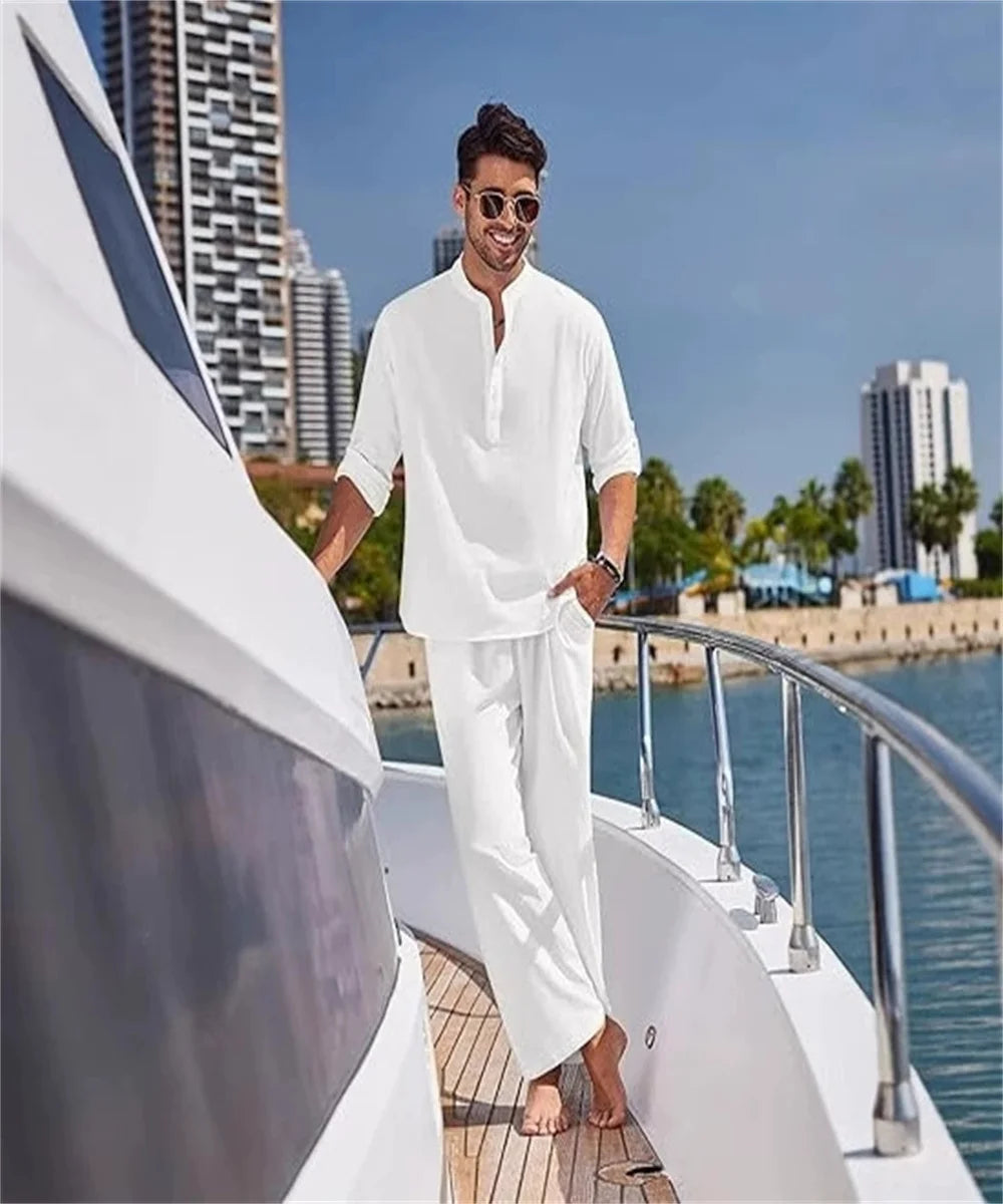 New fashionable and trendy men's solid-color casual set, high-quality cotton and linen long-sleeved Henry shirt + long pants set