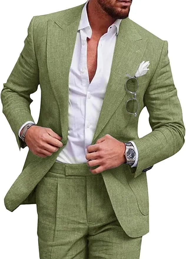 Korean Version Linen Solid Color Business Two-piece Set, Men's Spring New Casual Back Slit Single Button Lapel Suit + Trousers