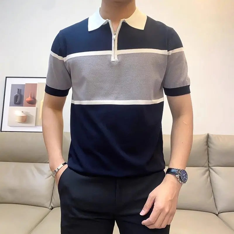 Half Zipper British Fashion Short-sleeved POLO Shirt Men's Trendy Handsome T-shirt Knitted Sweater