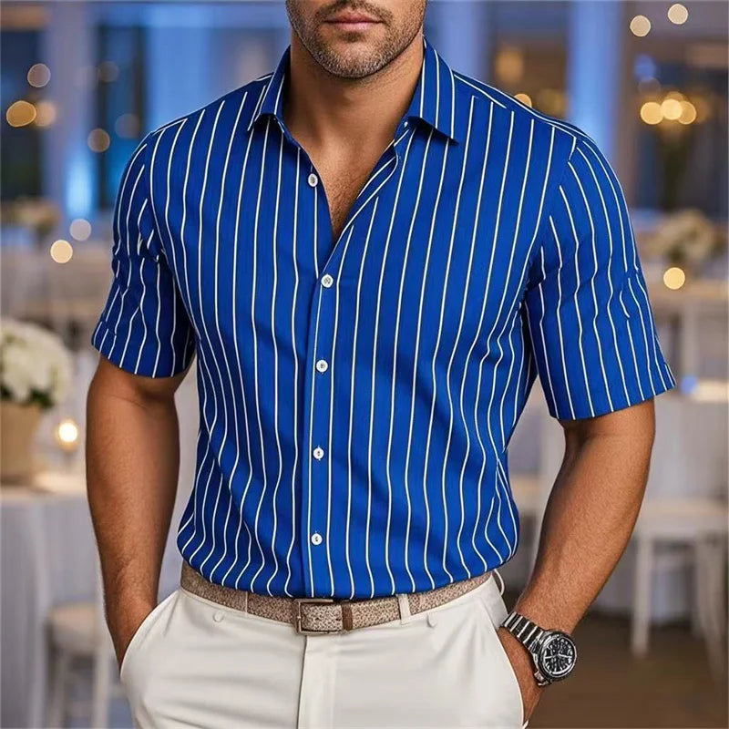 Men's Fashion Striped Loose Short Sleeve Shirt Casual Breathable Lapel Button Shirt Soft and Comfortable Festival Top