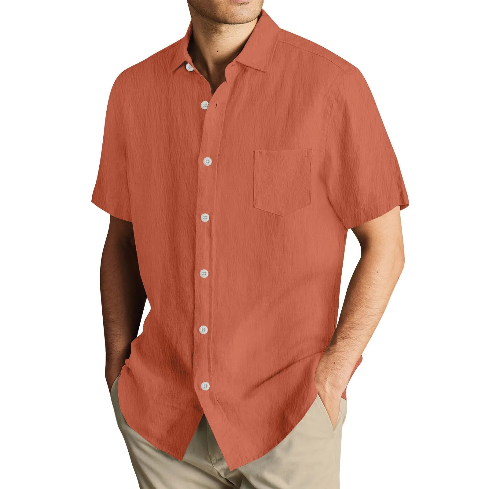 Men'S Short Sleeve Shirt Summer Button Cardigan Solid Color European And American Comfortable Breathable Beach Button Shirt