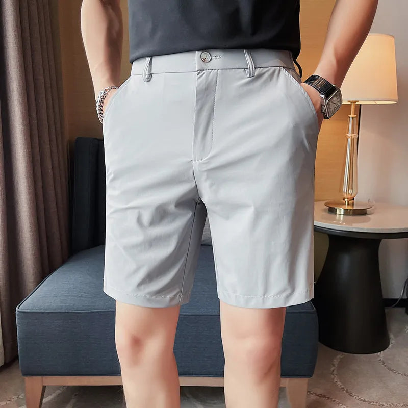 2023 Summer High Elastic Ice Silk Shorts Men Simple Casual Breathable Short Pants Formal Business Slim Knee Length Short Pants