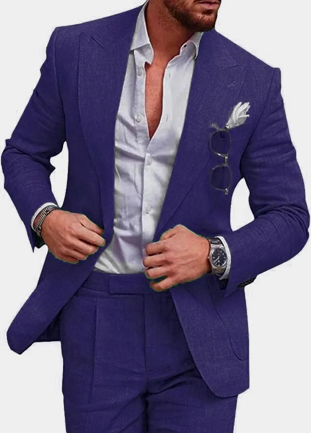 Korean Version Linen Solid Color Business Two-piece Set, Men's Spring New Casual Back Slit Single Button Lapel Suit + Trousers