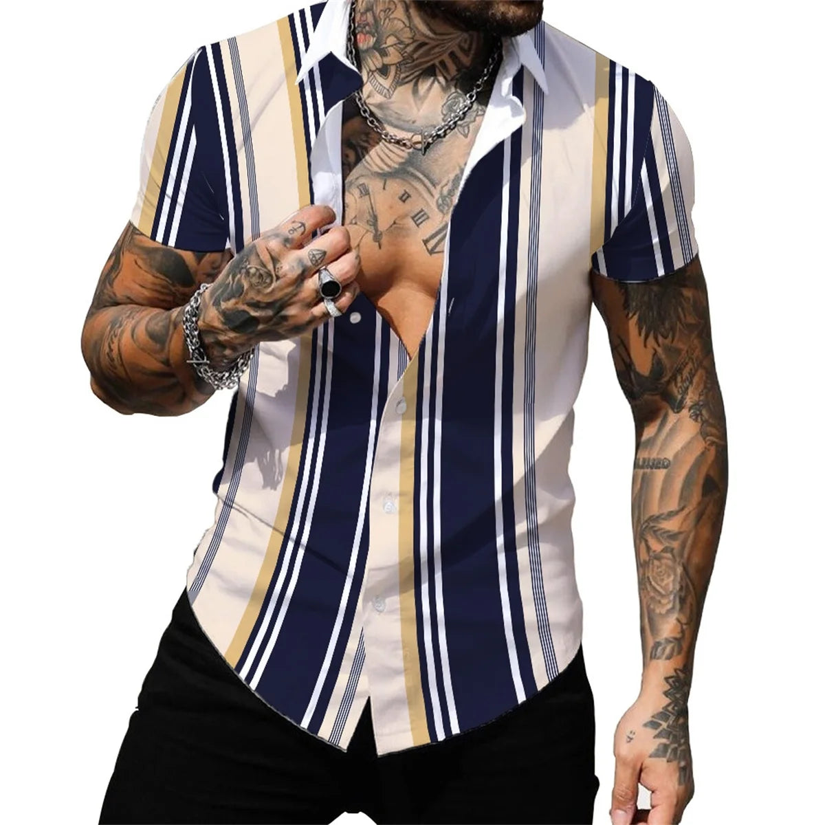 Men's spring and summer leisure fashion lapel short sleeve cardigan personalized striped printed shirt