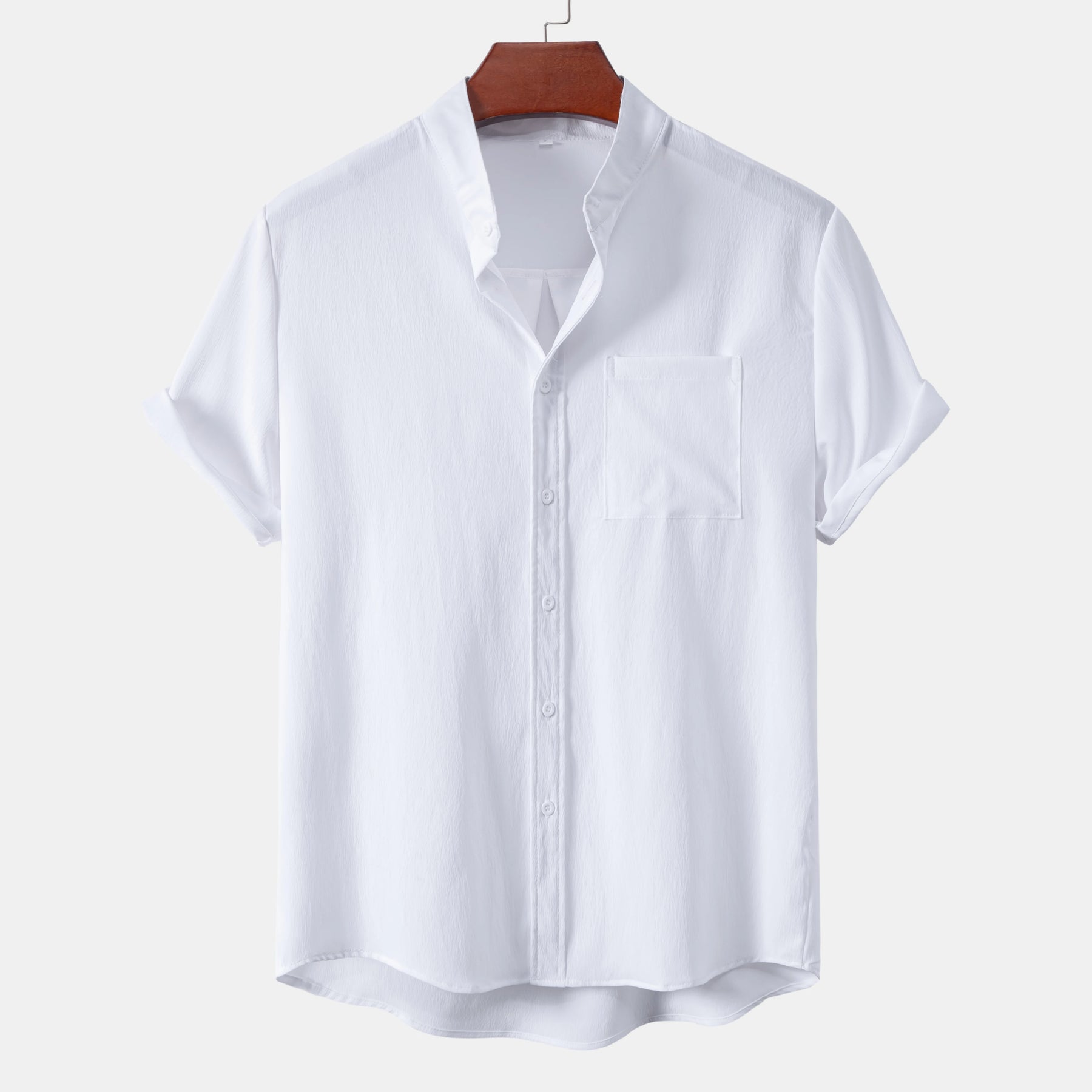 2024 New men's short sleeved solid color standing collar cardigan casual shirt for foreign trade