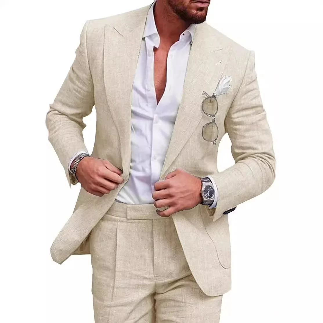 Korean Version Linen Solid Color Business Two-piece Set, Men's Spring New Casual Back Slit Single Button Lapel Suit + Trousers