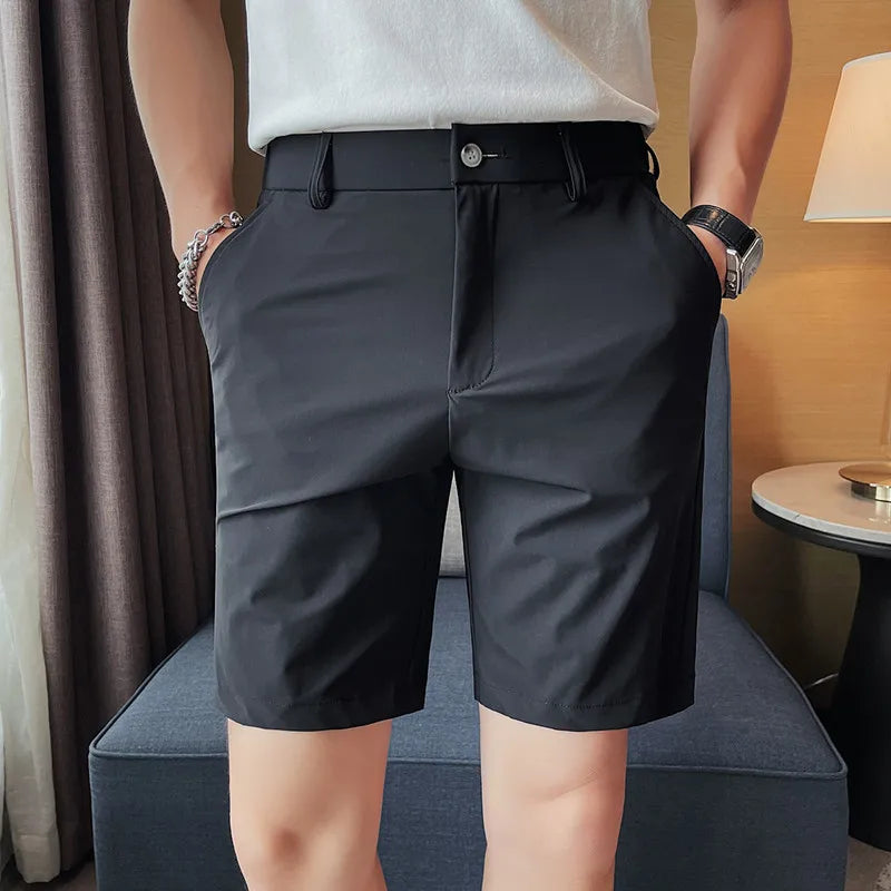 2023 Summer High Elastic Ice Silk Shorts Men Simple Casual Breathable Short Pants Formal Business Slim Knee Length Short Pants
