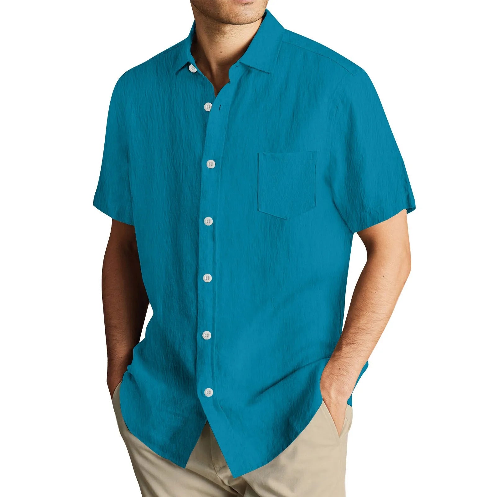 Men'S Short Sleeve Shirt Summer Button Cardigan Solid Color European And American Comfortable Breathable Beach Button Shirt