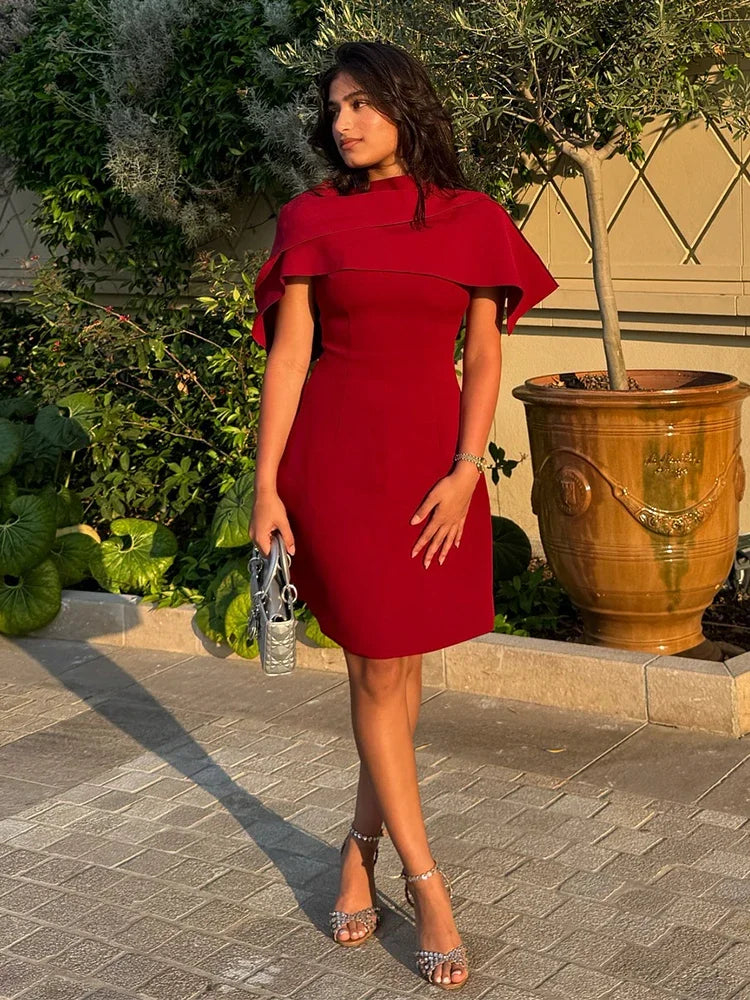 Red Shawl Collar A-line Mini Dress Women Elegant Short Sleeve High Waist Pleated Fashion Vestidos Lady Party Evening Gown 2025