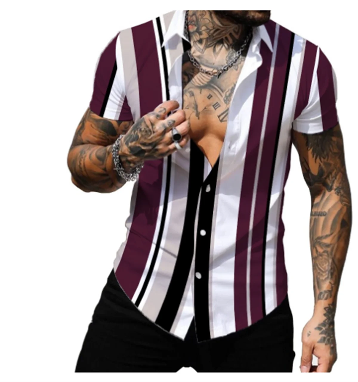 Men's spring and summer leisure fashion lapel short sleeve cardigan personalized striped printed shirt
