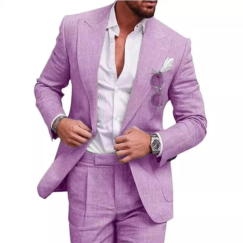 Korean Version Linen Solid Color Business Two-piece Set, Men's Spring New Casual Back Slit Single Button Lapel Suit + Trousers