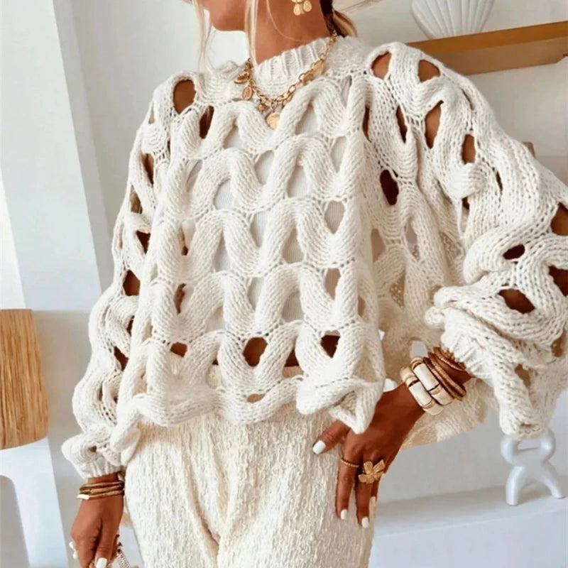 2025 Women Casual Long Sleeve Pullover Winter Fashion Hollow Out Resort Blouses Autumn Elegant Crochet Solid Color Sweater Tops