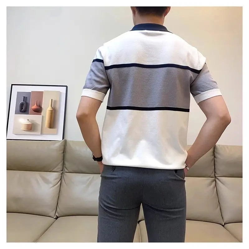 Half Zipper British Fashion Short-sleeved POLO Shirt Men's Trendy Handsome T-shirt Knitted Sweater