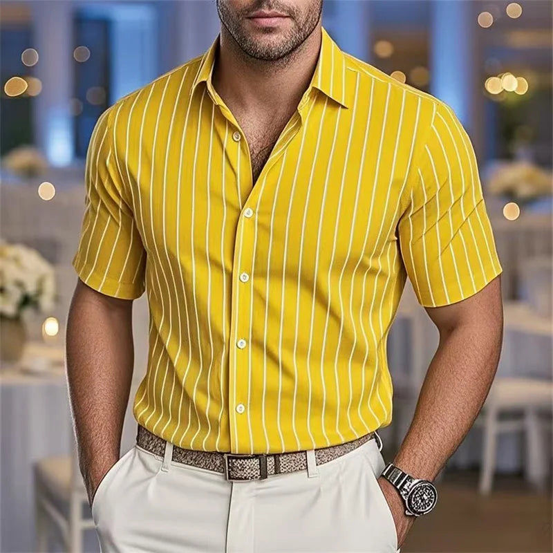Men's Fashion Striped Loose Short Sleeve Shirt Casual Breathable Lapel Button Shirt Soft and Comfortable Festival Top