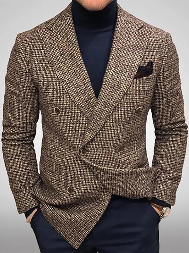 New Autumn Men's Gray Long-sleeved Suit Jacket, Dark Brown Double-breasted V-neck Blazers, Gentleman's Casual Coat.