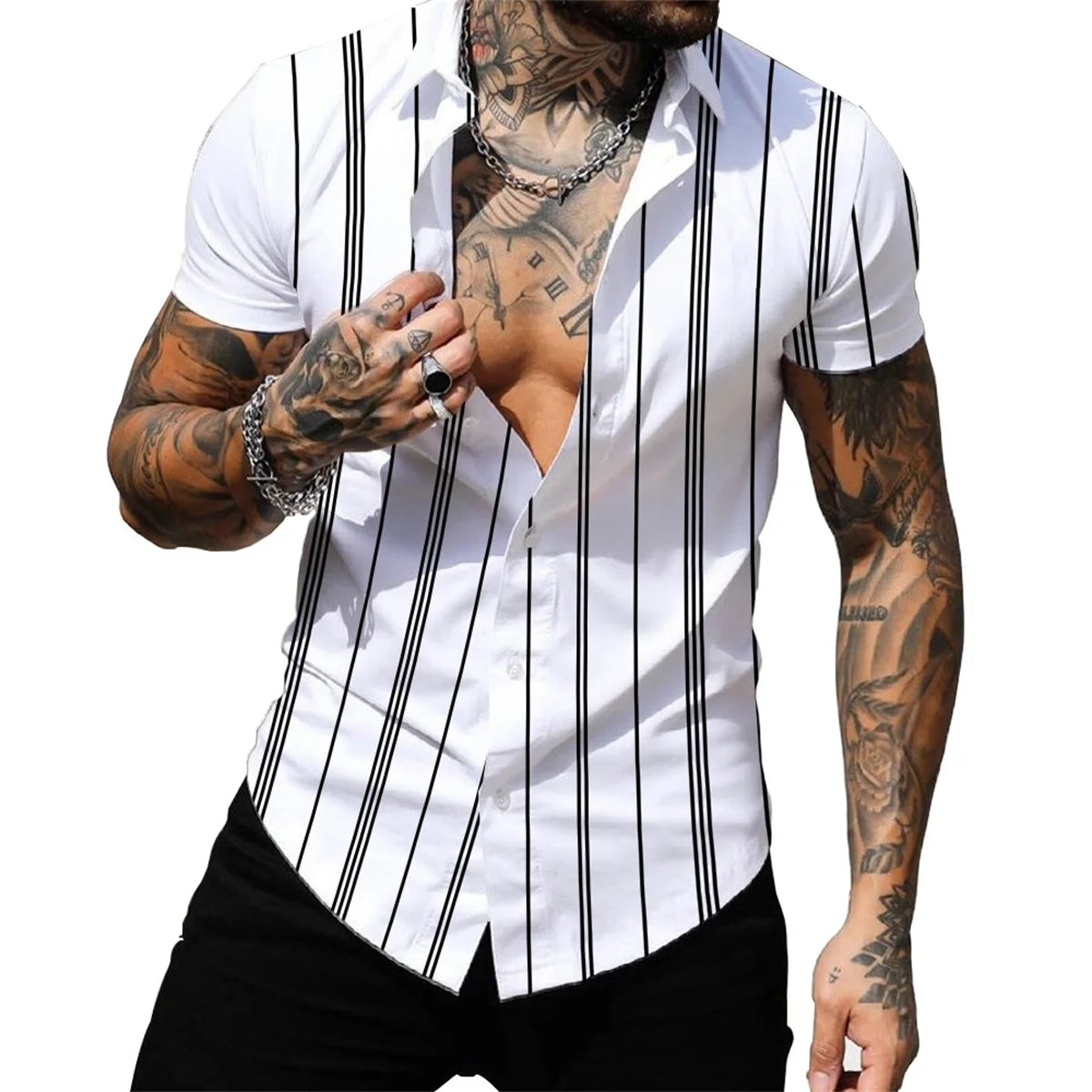 Men's spring and summer leisure fashion lapel short sleeve cardigan personalized striped printed shirt