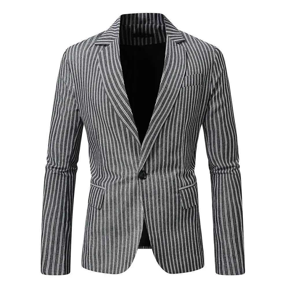 Classic Black Striped Suit Coat with V-Neckline Single-Button Casual Jacket for Men's Leisure Blazers, Size M-XXL
