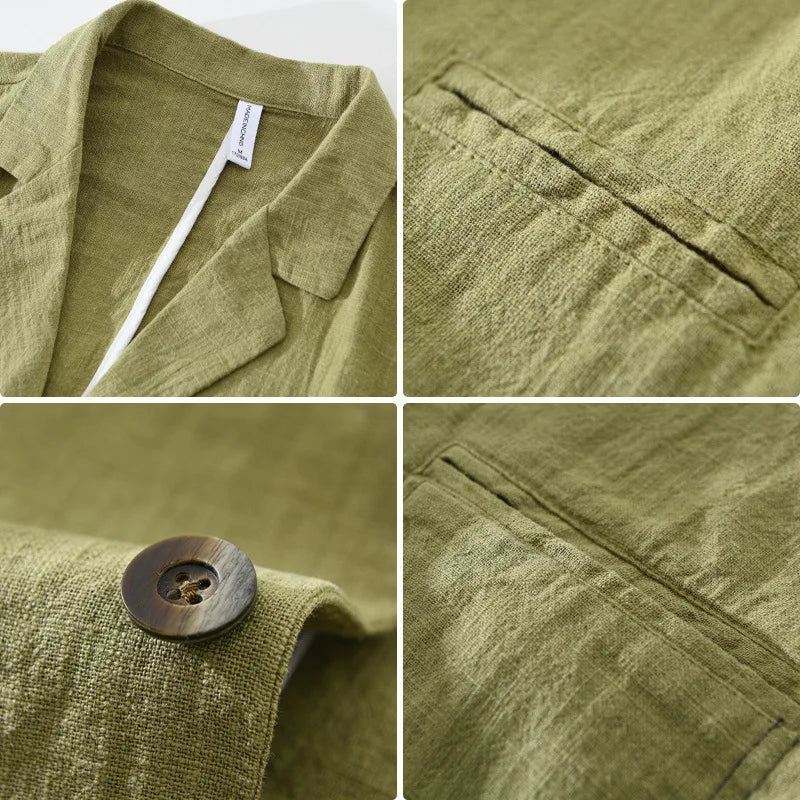 2025 New Cotton Linen Men's Blazer Spring Summer Daily Casual Blazers Loose Green Suit Jackets Japanese Retro Youth Male Suit