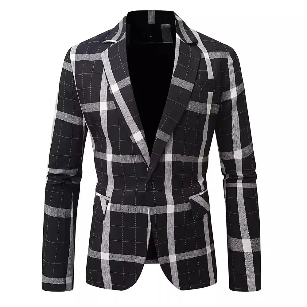 Classic Black Striped Suit Coat with V-Neckline Single-Button Casual Jacket for Men's Leisure Blazers, Size M-XXL