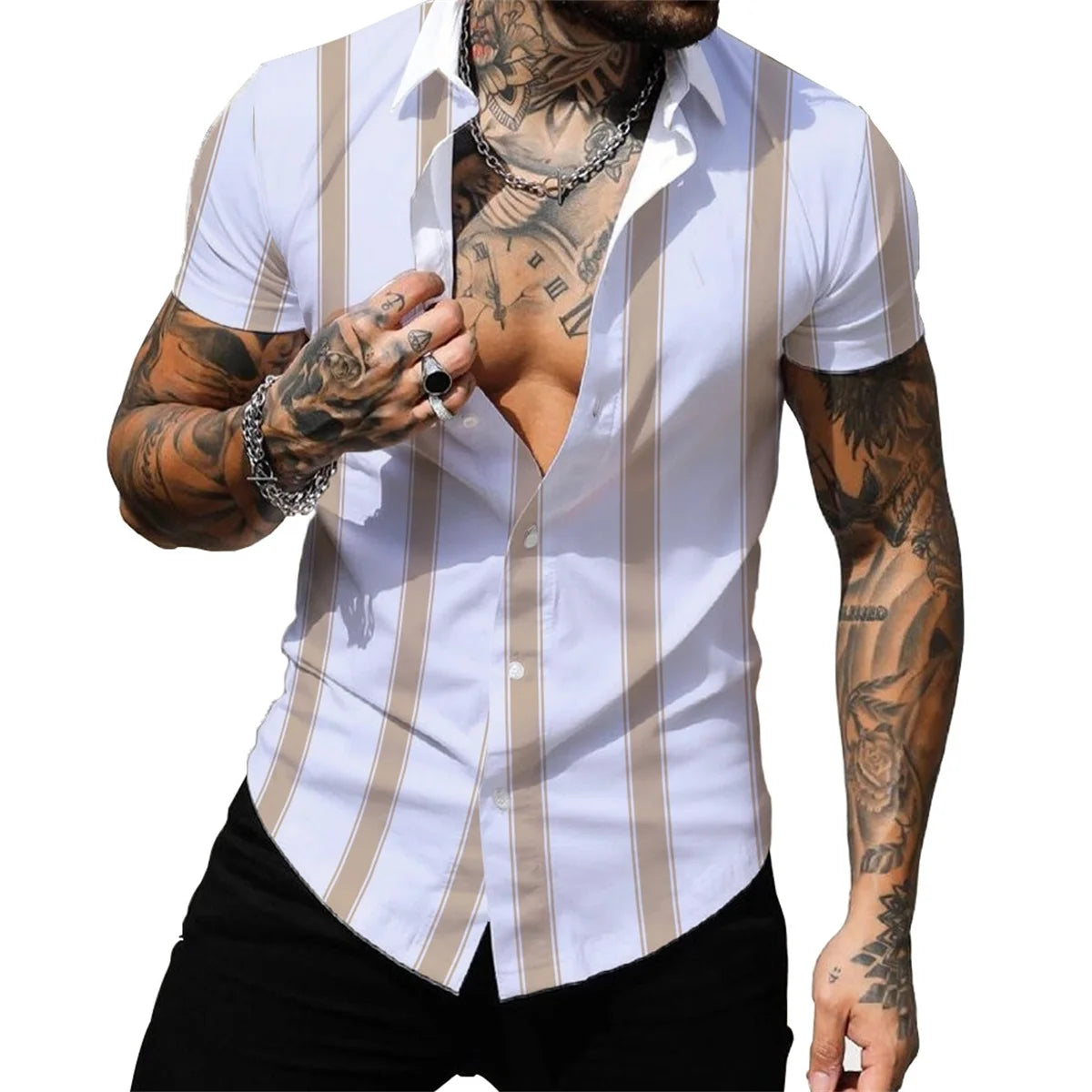 Men's spring and summer leisure fashion lapel short sleeve cardigan personalized striped printed shirt