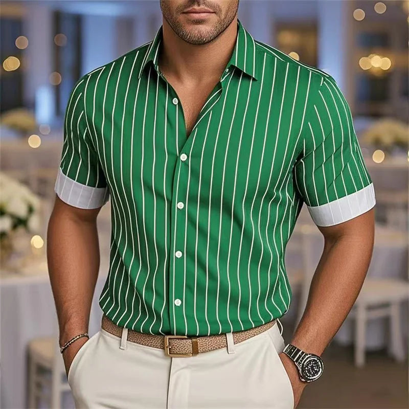Men's Fashion Striped Loose Short Sleeve Shirt Casual Breathable Lapel Button Shirt Soft and Comfortable Festival Top
