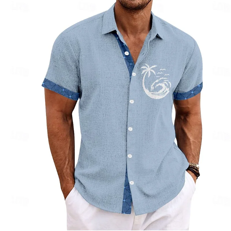 Men's 3D printed summer short sleeved shirt with artistic geometric patterns, casual lapel shirt, men's top