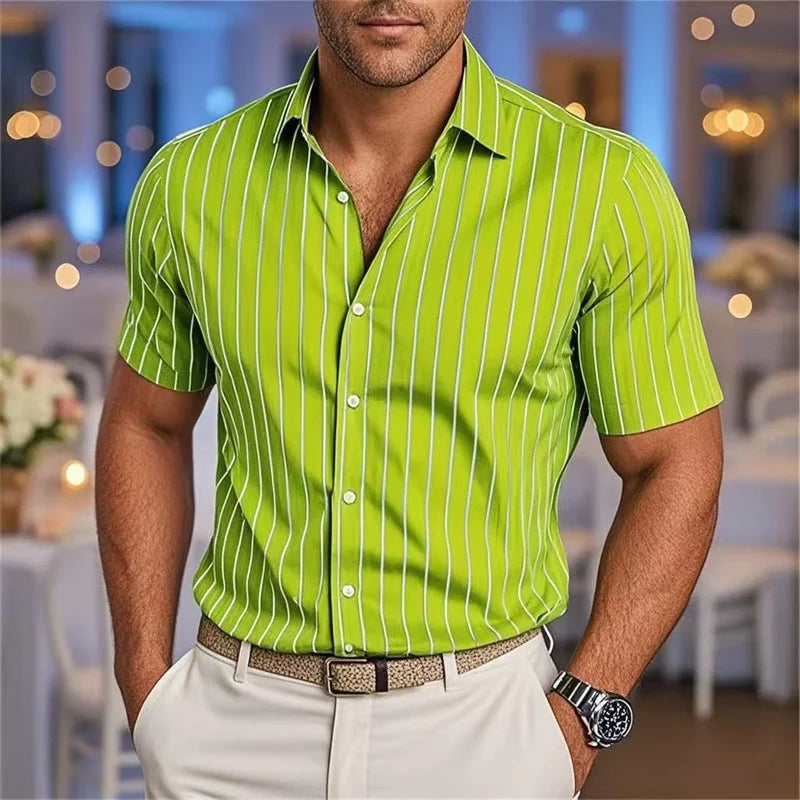 Men's Fashion Striped Loose Short Sleeve Shirt Casual Breathable Lapel Button Shirt Soft and Comfortable Festival Top