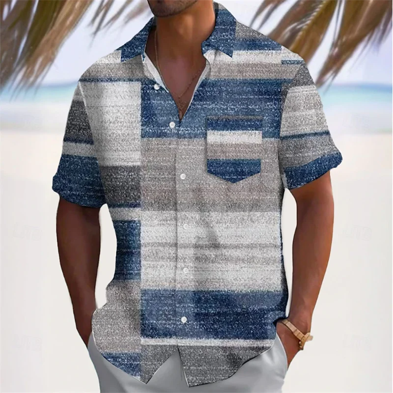 Men's 3D printed summer short sleeved shirt with artistic geometric patterns, casual lapel shirt, men's top