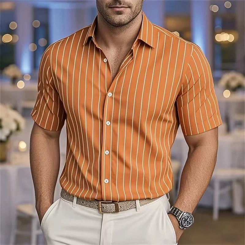 Men's Fashion Striped Loose Short Sleeve Shirt Casual Breathable Lapel Button Shirt Soft and Comfortable Festival Top