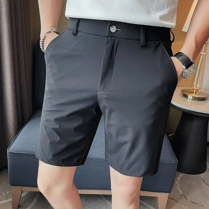 2023 Summer High Elastic Ice Silk Shorts Men Simple Casual Breathable Short Pants Formal Business Slim Knee Length Short Pants