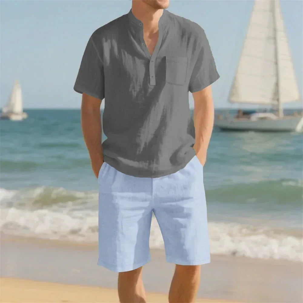 Men's Summer Sets Vacation Beach T-shirt Shorts Suit Cotton Linen Breathable Casual Basic Style Outfit Cozy Clothing