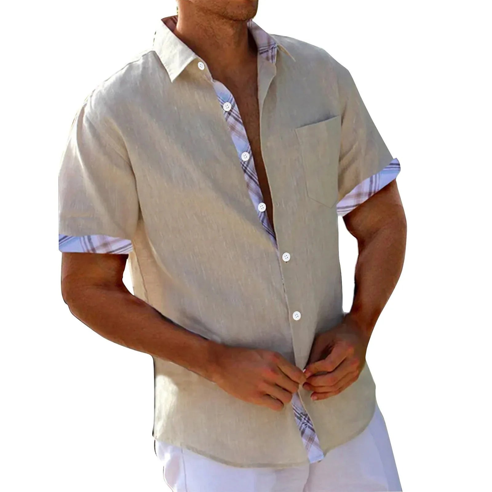 Men'S Casual Short Sleeve Shirt Solid Color Tops Open Cardigan Street Wear Lapel Button Shirt Men'S Vintage Vacation Shirt