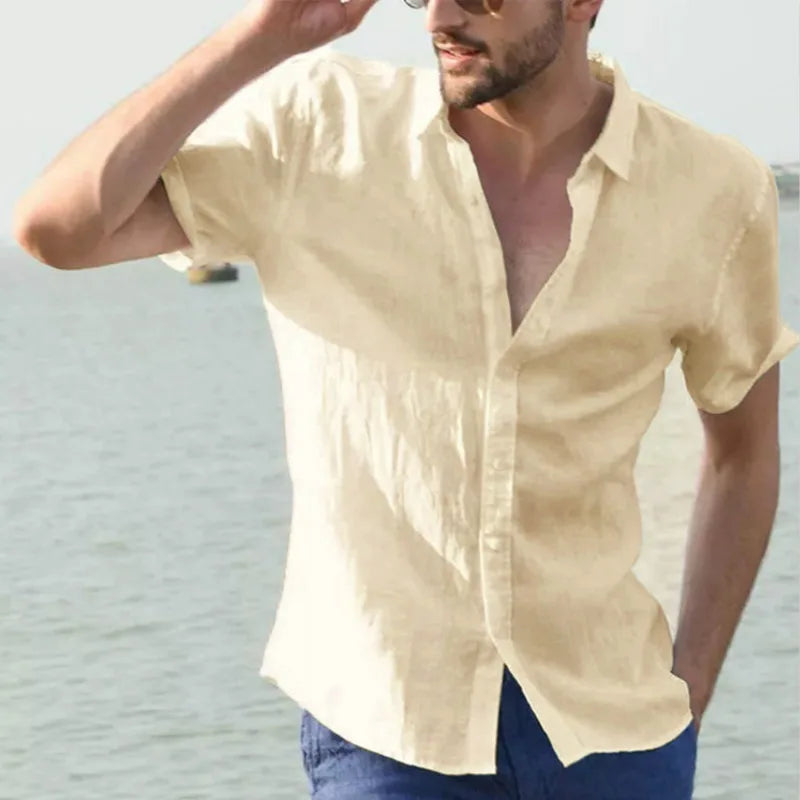 Men's Casual Short Sleeve Shirt Street Wear Lapel Button Solid Color Cotton Linen Shirt for Men Vintage Vacation Blouse M-3XL