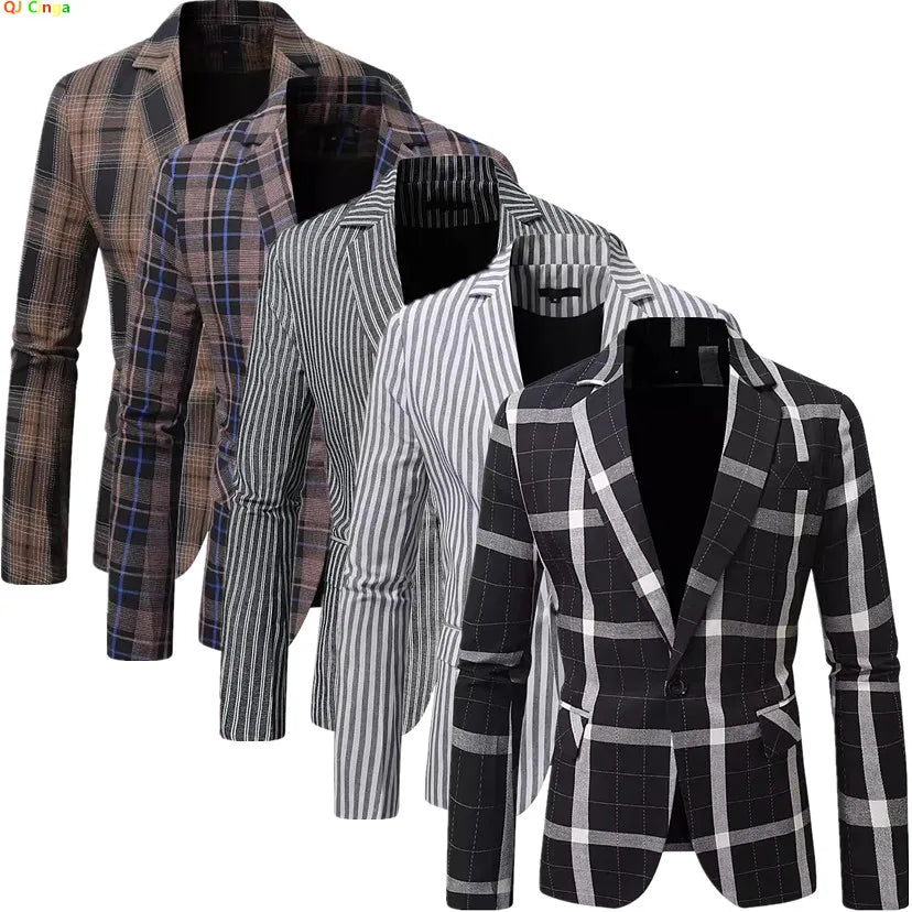 Classic Black Striped Suit Coat with V-Neckline Single-Button Casual Jacket for Men's Leisure Blazers, Size M-XXL