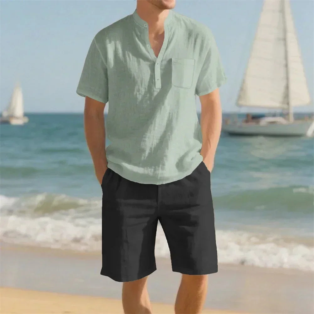 Men's Summer Sets Vacation Beach T-shirt Shorts Suit Cotton Linen Breathable Casual Basic Style Outfit Cozy Clothing