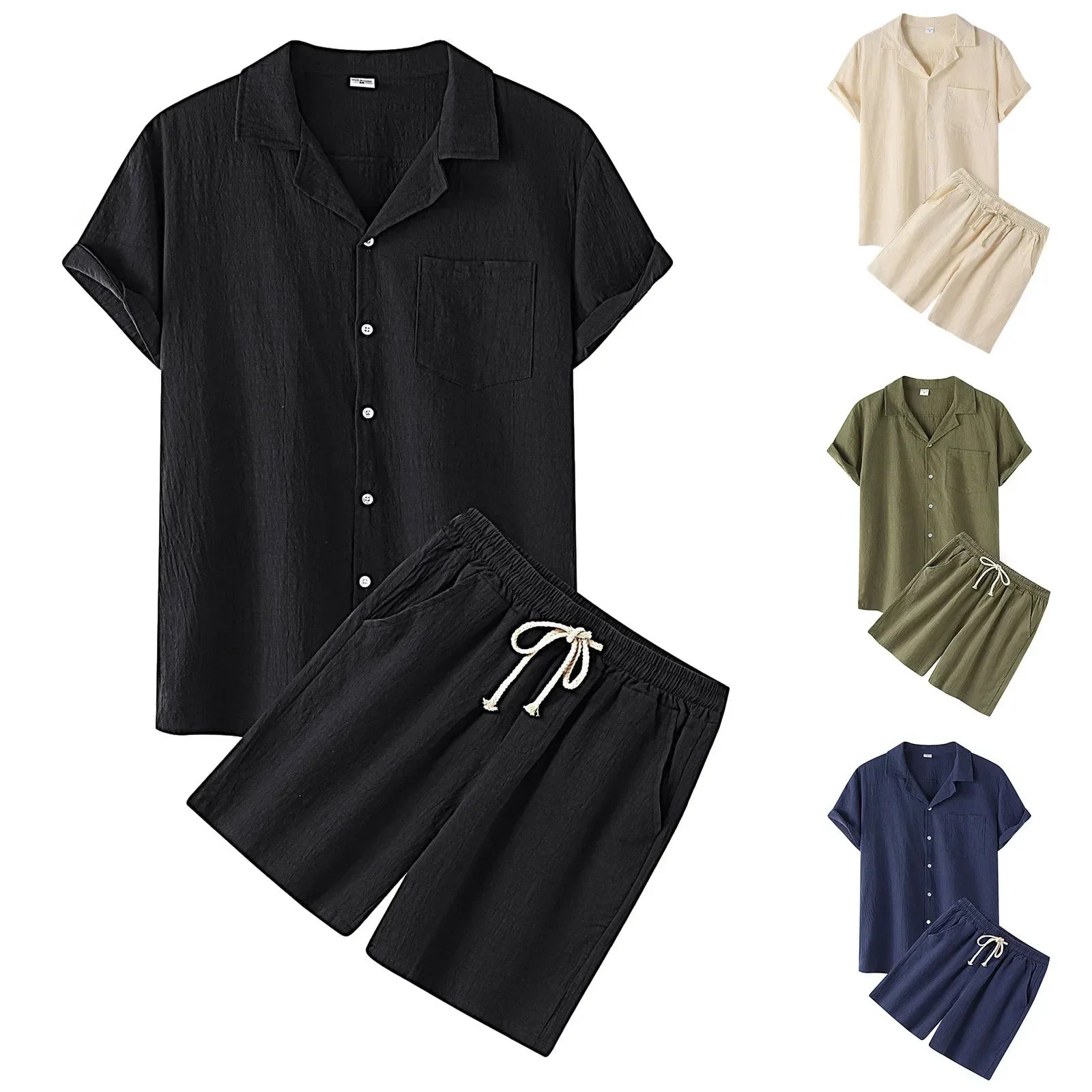 Cool Summer Comfortable Short-Sleeved Button Shirt Sets Men's Solid Color Shirt Shorts Suit Men's Cotton and Linen Casual Suit