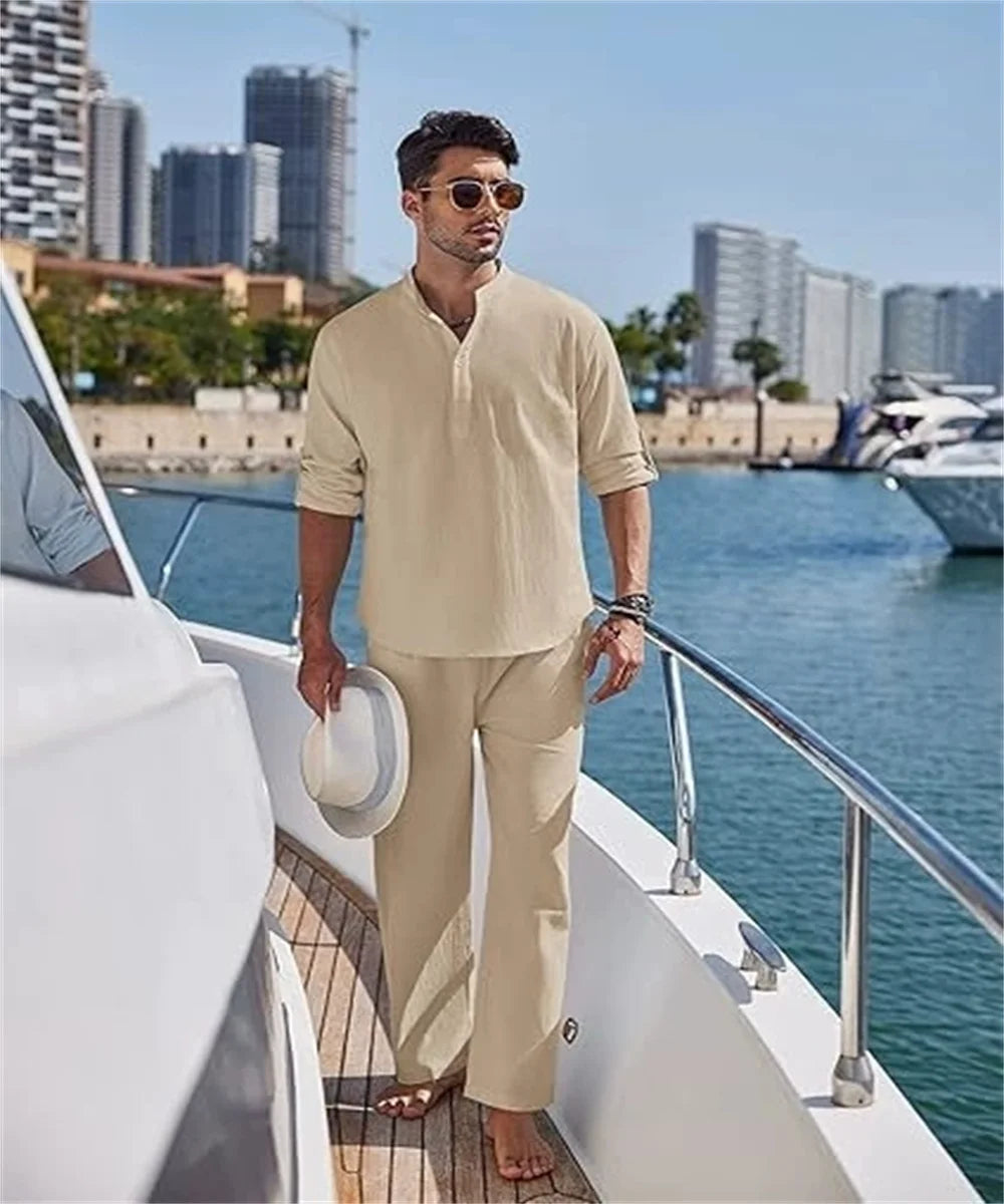 New fashionable and trendy men's solid-color casual set, high-quality cotton and linen long-sleeved Henry shirt + long pants set