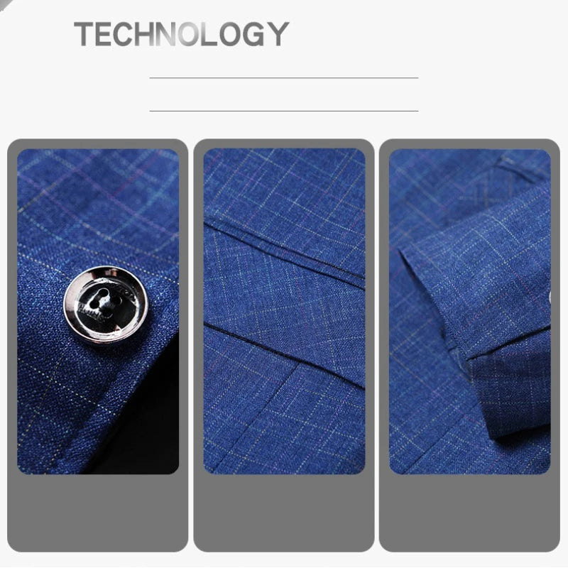 2025 Spring Autumn New Blue Checkered Non-iron Suit Jackets for Men,black Light Business Casual Men Blazer Slim Fit, Asian Size
