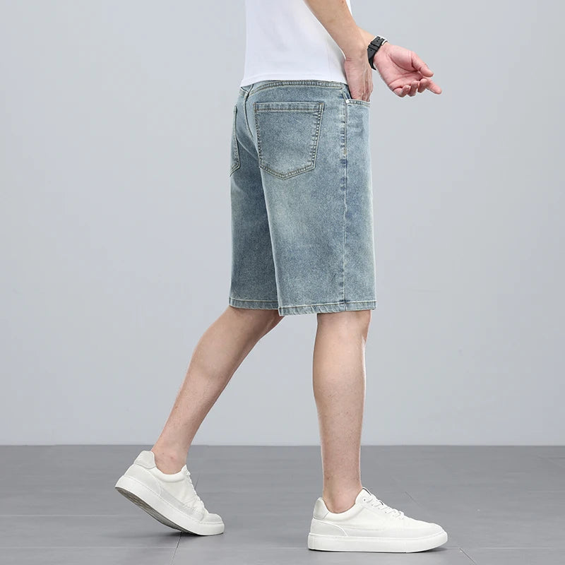 Summer denim mid knee walking shorts men retro man jeans washed water Lyocell breathable lightweight and elastic bermuda shorts