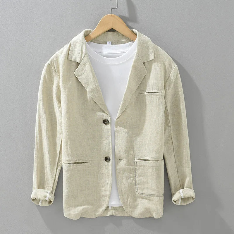 2025 New Cotton Linen Men's Blazer Spring Summer Daily Casual Blazers Loose Green Suit Jackets Japanese Retro Youth Male Suit