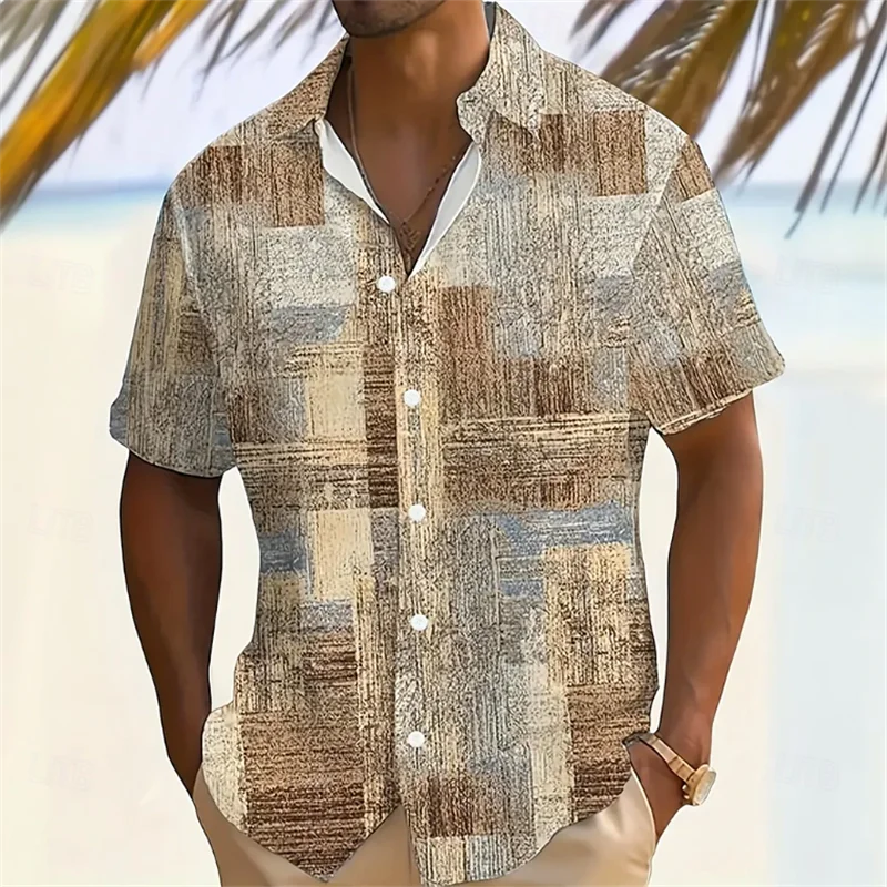 Men's 3D printed summer short sleeved shirt with artistic geometric patterns, casual lapel shirt, men's top