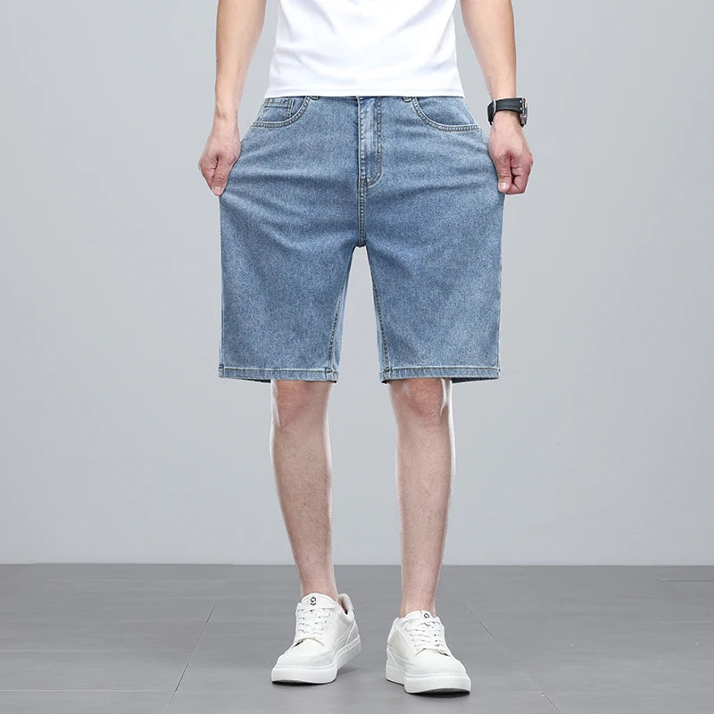 Summer denim mid knee walking shorts men retro man jeans washed water Lyocell breathable lightweight and elastic bermuda shorts