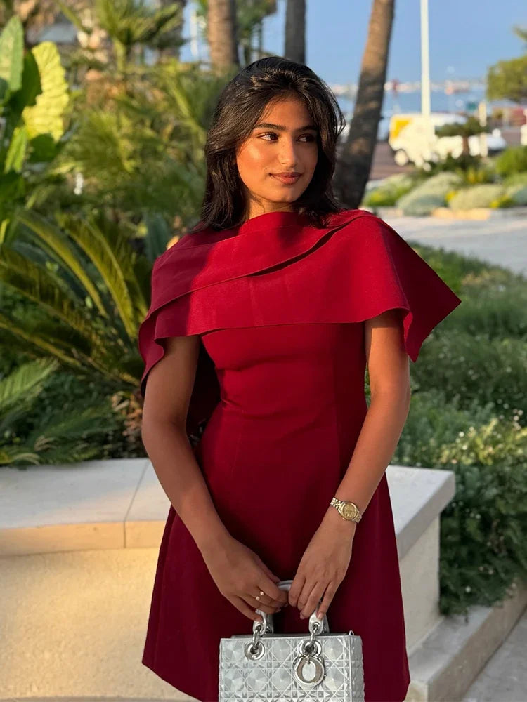 Red Shawl Collar A-line Mini Dress Women Elegant Short Sleeve High Waist Pleated Fashion Vestidos Lady Party Evening Gown 2025