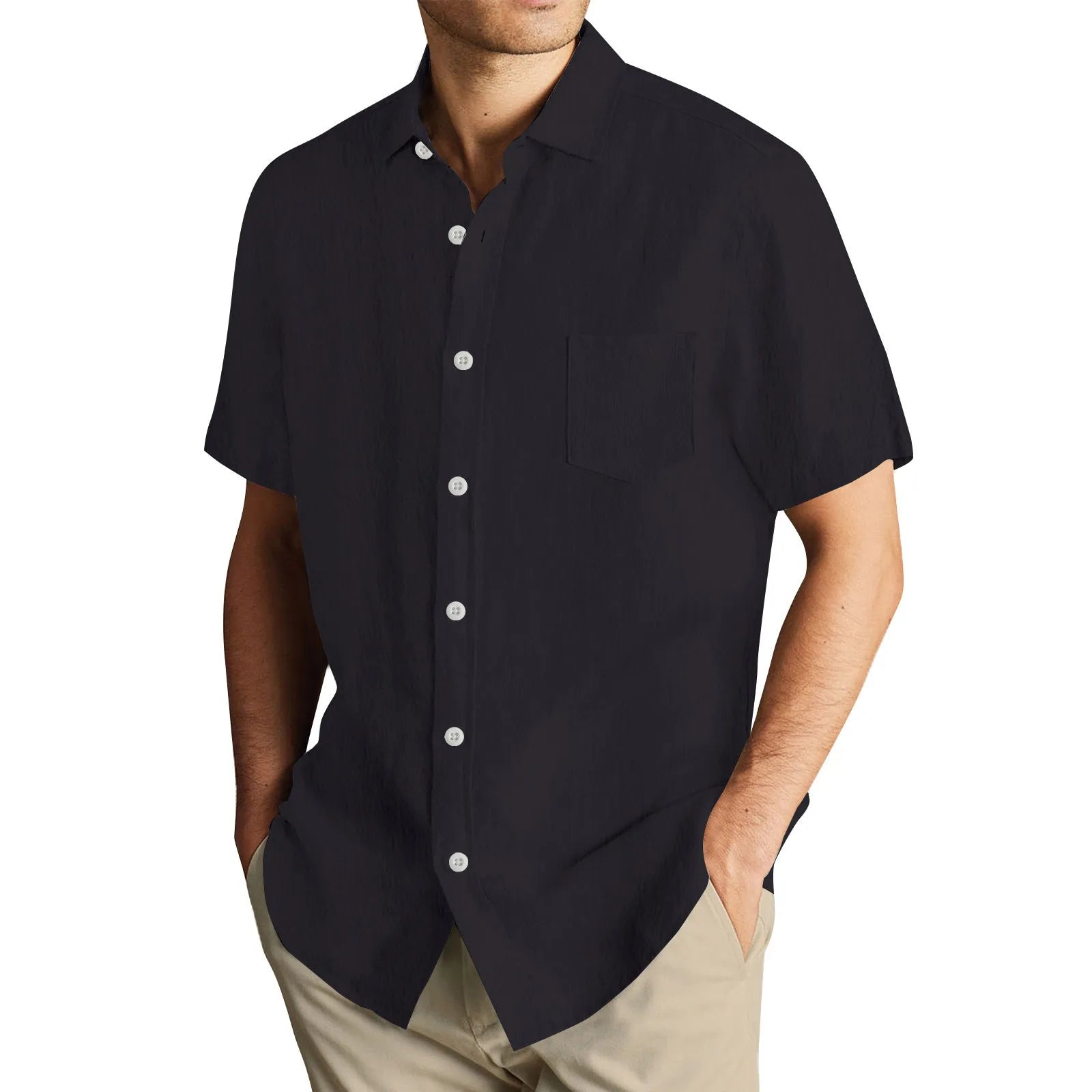 Men'S Short Sleeve Shirt Summer Button Cardigan Solid Color European And American Comfortable Breathable Beach Button Shirt
