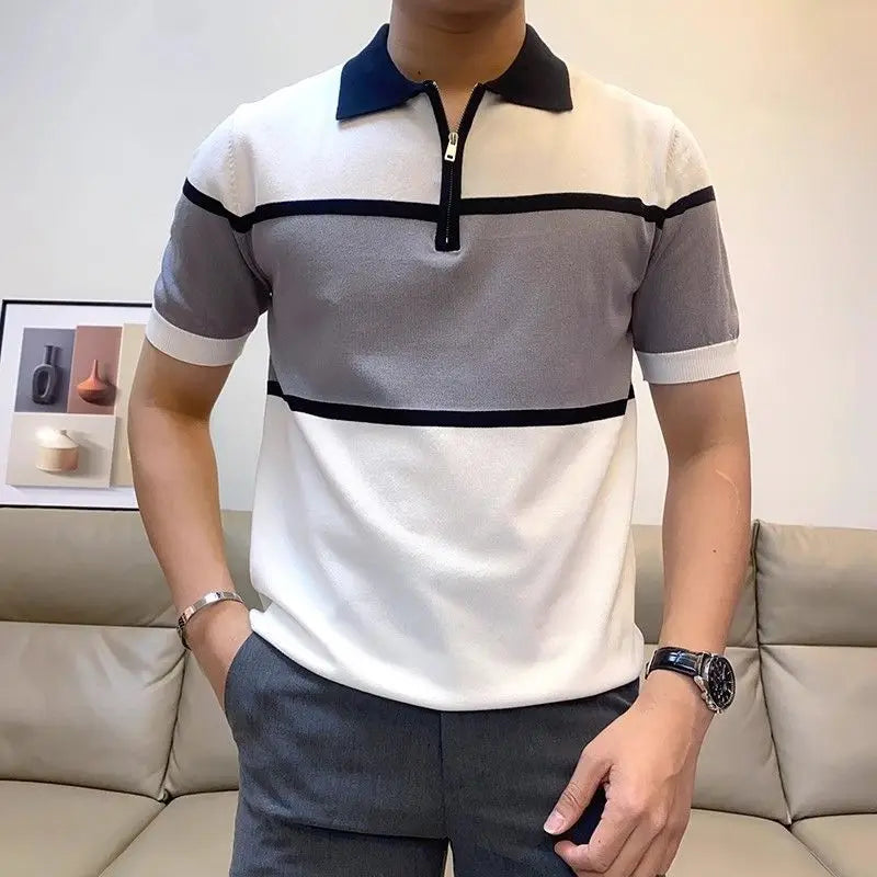 Half Zipper British Fashion Short-sleeved POLO Shirt Men's Trendy Handsome T-shirt Knitted Sweater