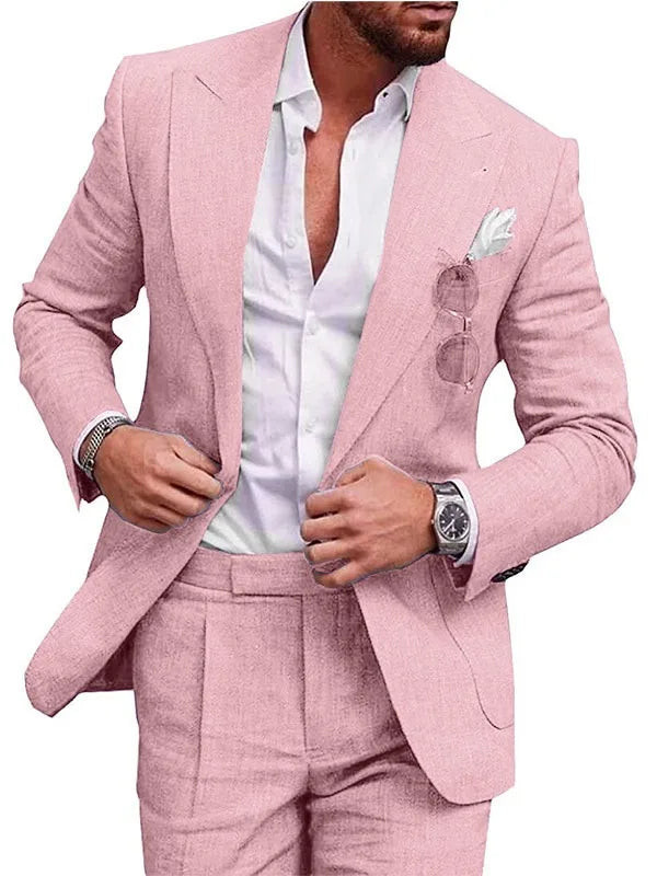 Korean Version Linen Solid Color Business Two-piece Set, Men's Spring New Casual Back Slit Single Button Lapel Suit + Trousers